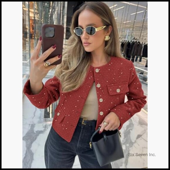 Tweed Blazer Cropped Collarless Button Down Long Sleeve with Pockets - Picture 2 of 6